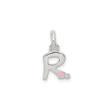Sterling Silver Initial Pendant with Pink Enamel Flower Accent, Letter R Charm for Girls or Women