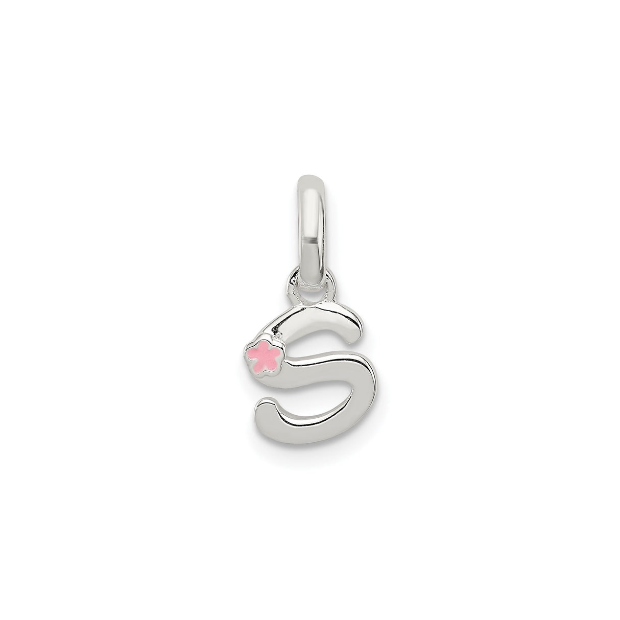 Sterling Silver Initial Pendant, Script Letter S with Pink Enamel Flower Accent