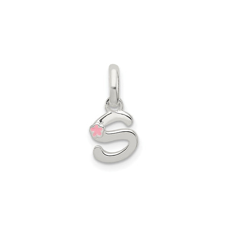 Sterling Silver Initial Pendant, Script Letter S with Pink Enamel Flower Accent