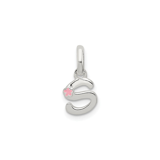 Sterling Silver Initial Pendant, Script Letter S with Pink Enamel Flower Accent