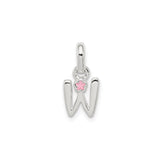 Sterling Silver Letter W Pendant Charm with Pink Enamel Flower Accent, Polished Finish