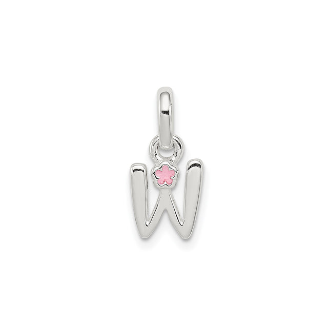 Sterling Silver Letter W Pendant Charm with Pink Enamel Flower Accent, Polished Finish