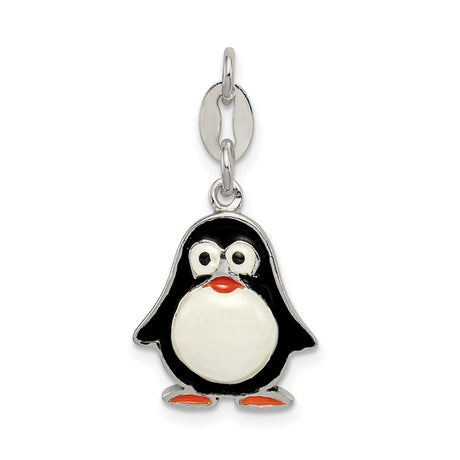 Sterling Silver Penguin Charm Pendant with Black, White, and Orange Enamel Detailing