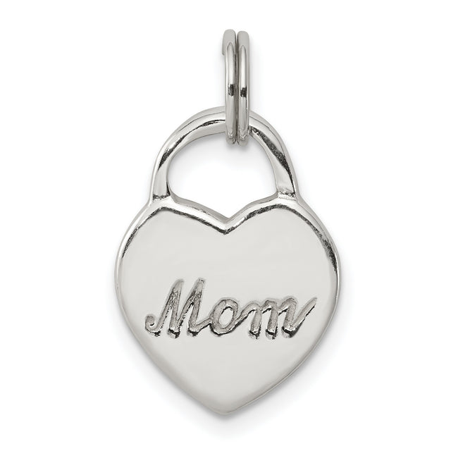 Polished MOM Heart Charm Pendant in Real 925 Sterling Silver