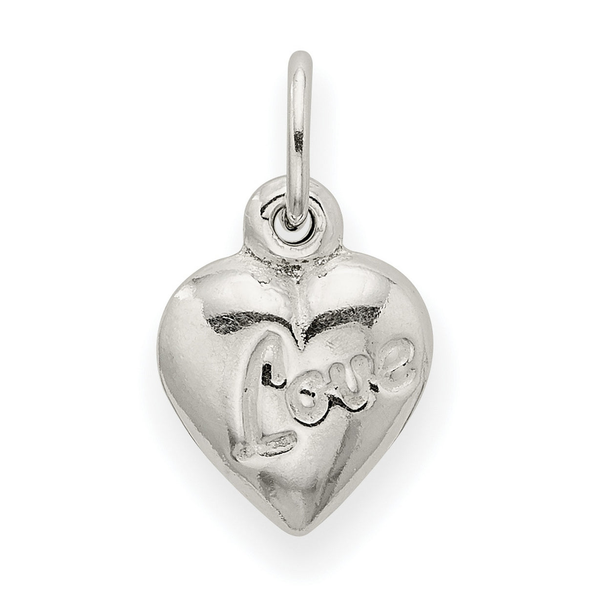 Sterling Silver Heart Pendant Charm with Script Love Engraving, Reversible Puff Heart Design