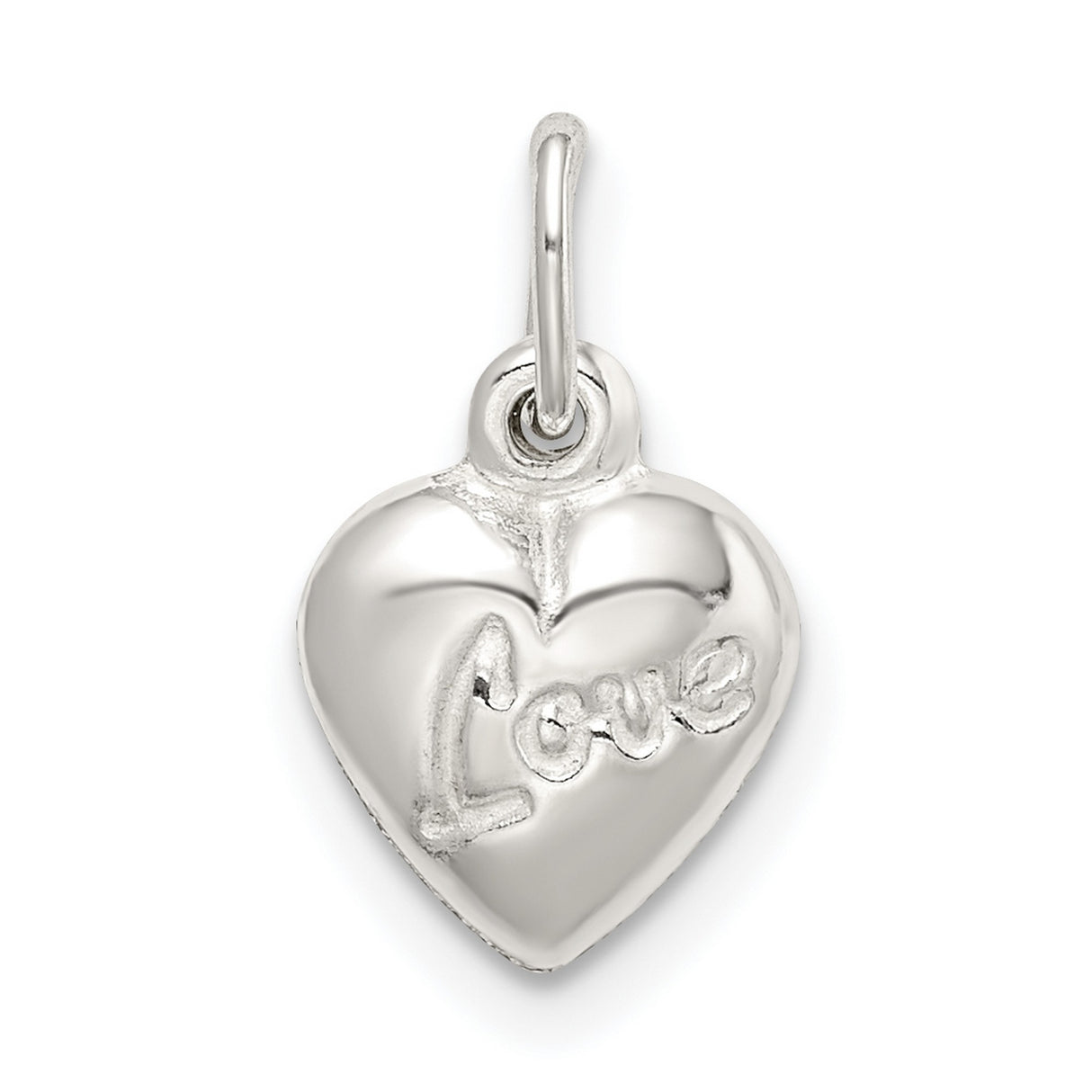 Sterling Silver Heart Pendant Charm with Script Love Engraving, Reversible Puff Heart Design