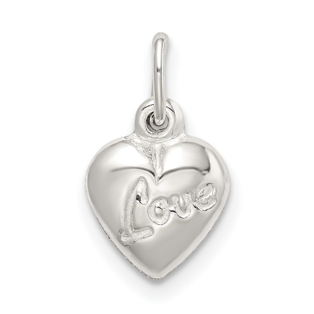 Sterling Silver Heart Pendant Charm with Script Love Engraving, Reversible Puff Heart Design