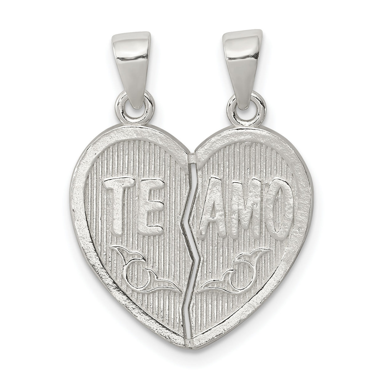 Sterling Silver Break Apart Heart Pendant with Te Amo Engraving, Romantic Couple Jewelry