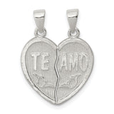 Sterling Silver Break Apart Heart Pendant with Te Amo Engraving, Romantic Couple Jewelry