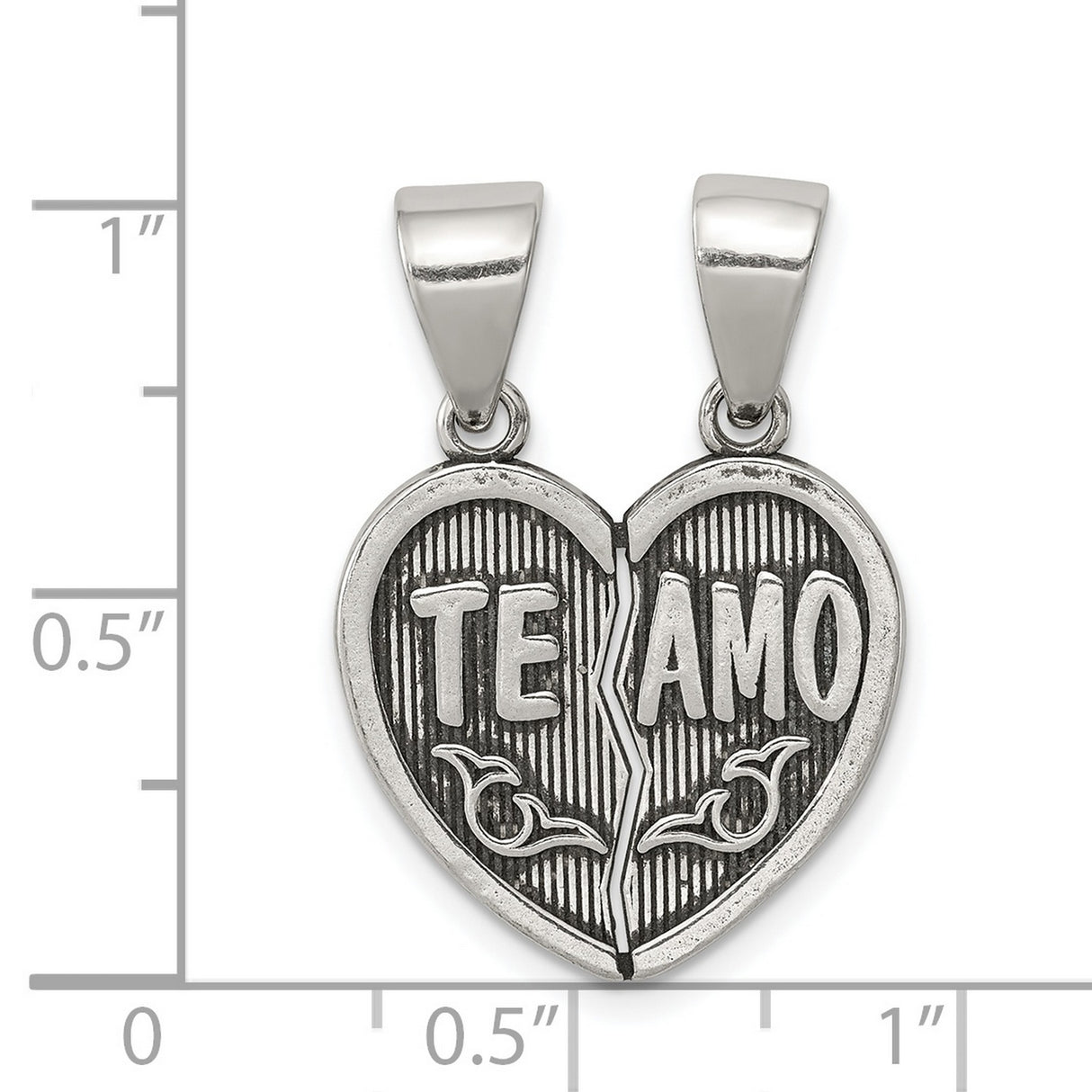 Antiqued Te Amo Break Apart Heart Charm Pendant in Real 925 Sterling Silver