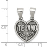 Antiqued Te Amo Break Apart Heart Charm Pendant in Real 925 Sterling Silver