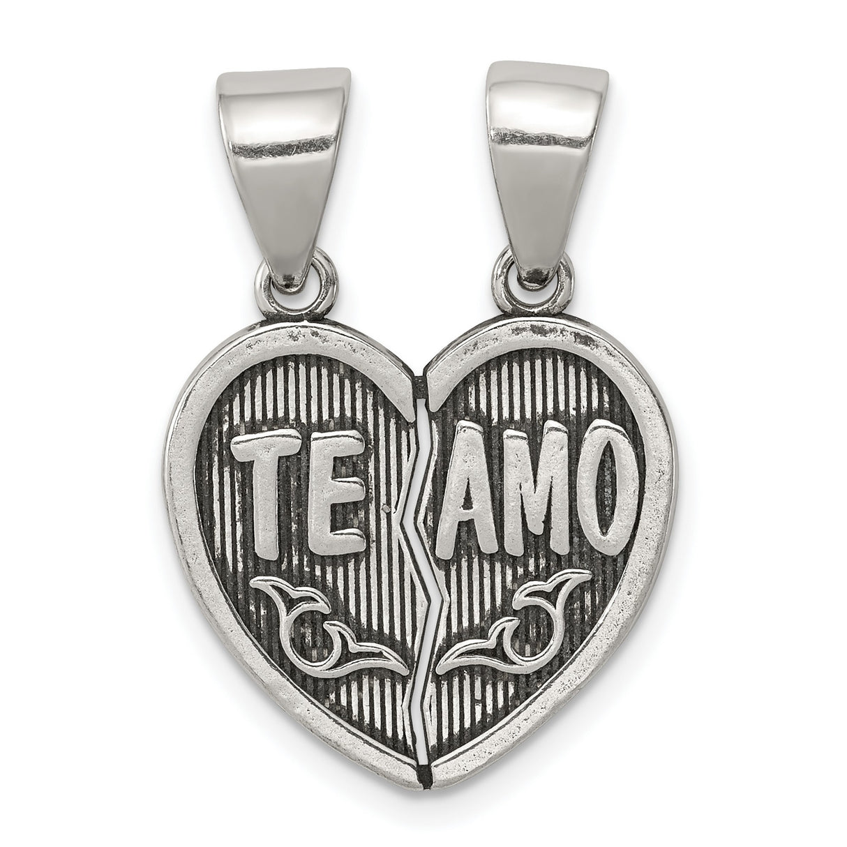 Antiqued Te Amo Break Apart Heart Charm Pendant in Real 925 Sterling Silver