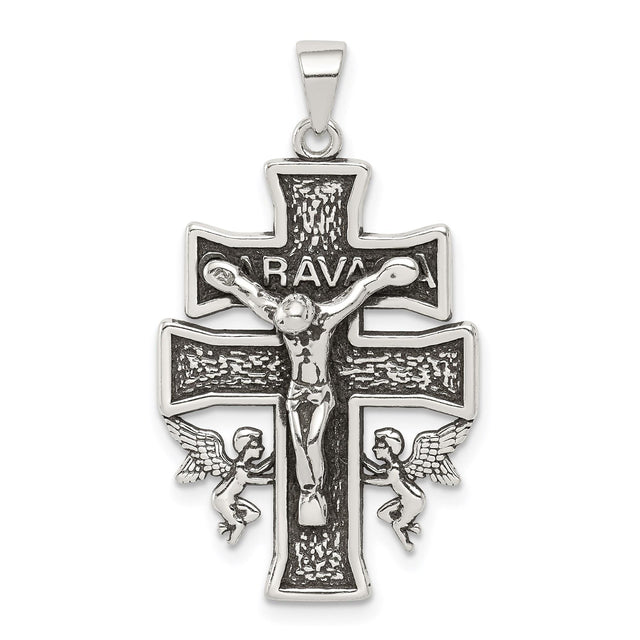 Sterling Silver Crucifix Cross Pendant with High Relief Jesus and Caravaca Style Details