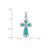 Sterling Silver Cross Pendant with Teardrop Turquoise, Polished Finish, Modern Religious Design