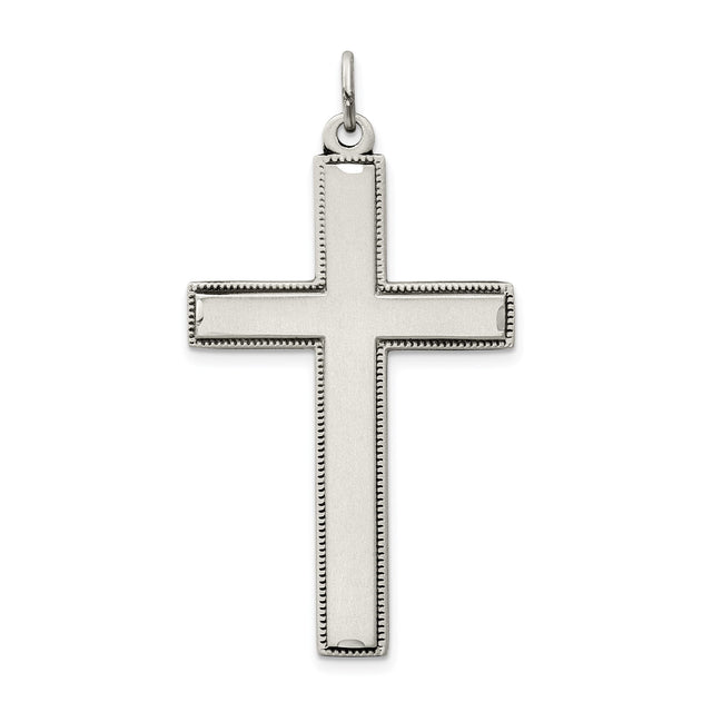 Sterling Silver Cross Pendant with Matte Satin Finish and Milled Border Religious Charm