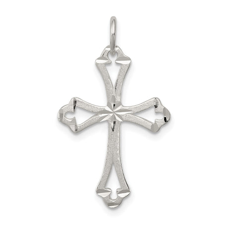 Sterling Silver Cross Pendant with Beveled Edge, Satin Finish, Flared Tips, and Openwork Design