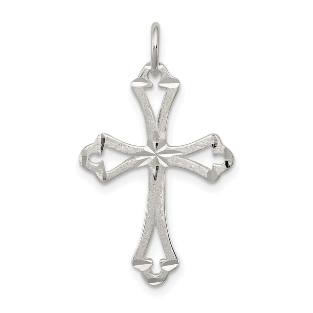 Sterling Silver Cross Pendant with Beveled Edge, Satin Finish, Flared Tips, and Openwork Design