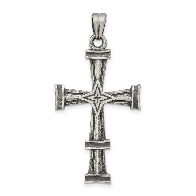 Antiqued, Polished and Brushed Latin Cross Charm Pendant in Real 925 Sterling Silver