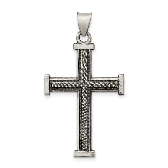 Sterling Silver Cross Pendant with Brushed and Polished Finish, Oxidized Latin Design, Vintage Style