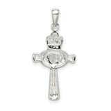 CZ Heart Claddagh Symbol Latin Cross Charm Pendant in Real 925 Sterling Silver