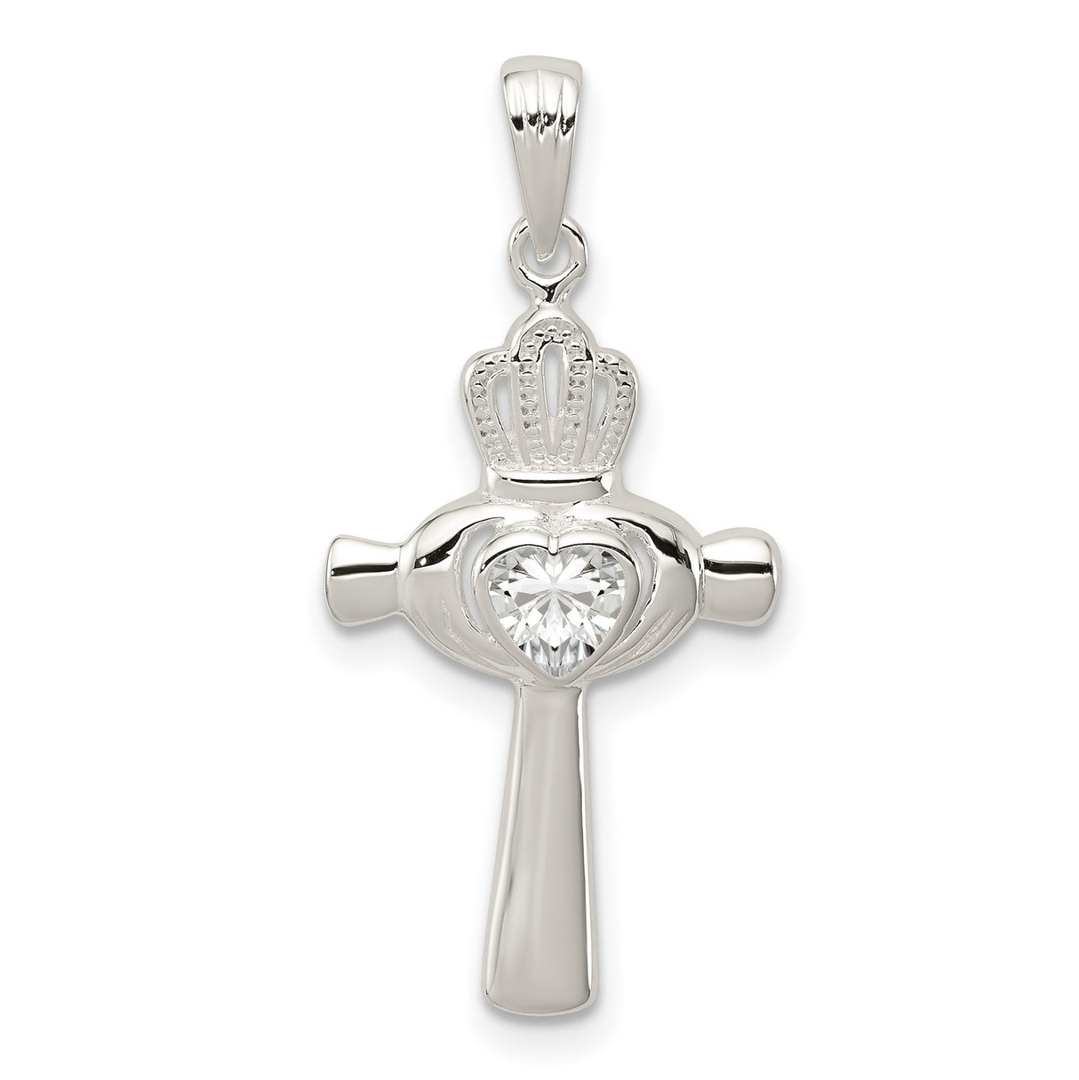 CZ Heart Claddagh Symbol Latin Cross Charm Pendant in Real 925 Sterling Silver