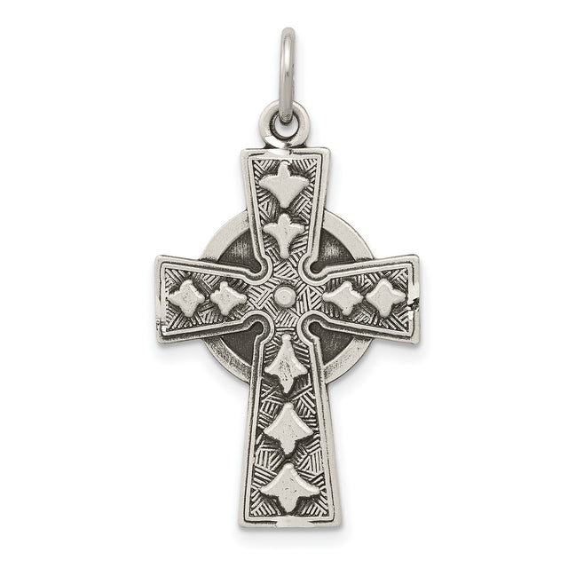 Sterling Silver Cross Pendant with Celtic Inspired Design and Antiqued Religious Detailing
