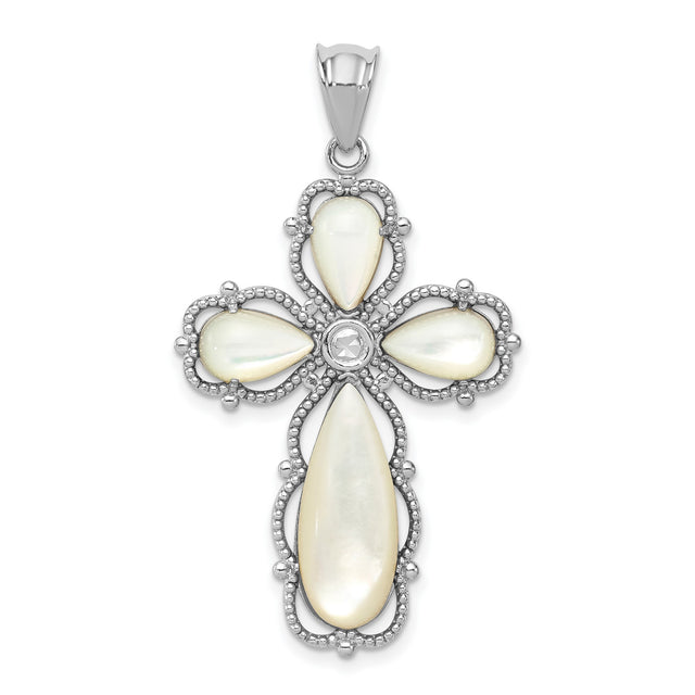 Mother of Pearl Cross Charm Pendant in Real 925 Sterling Silver