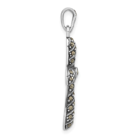 Sterling Silver Cross Pendant with Marcasite, Gold Accents, Oxidized Floral Design