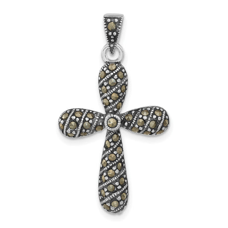 Sterling Silver Cross Pendant with Marcasite, Gold Accents, Oxidized Floral Design
