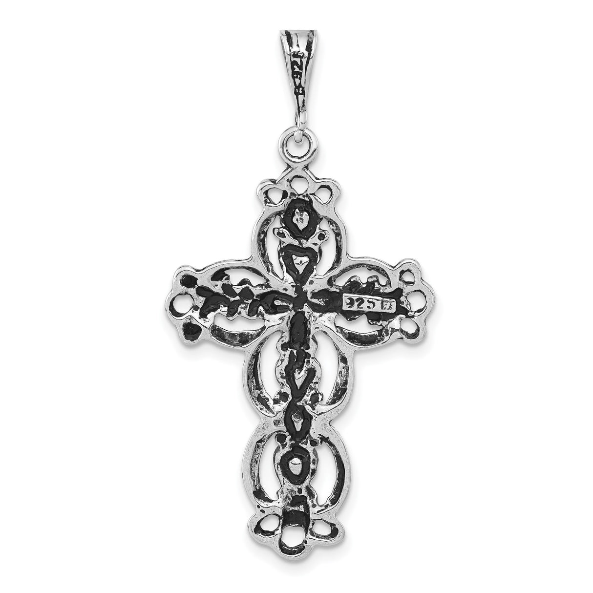 Sterling Silver Cross Pendant with Claddagh Hearts and Oxidized Celtic Design
