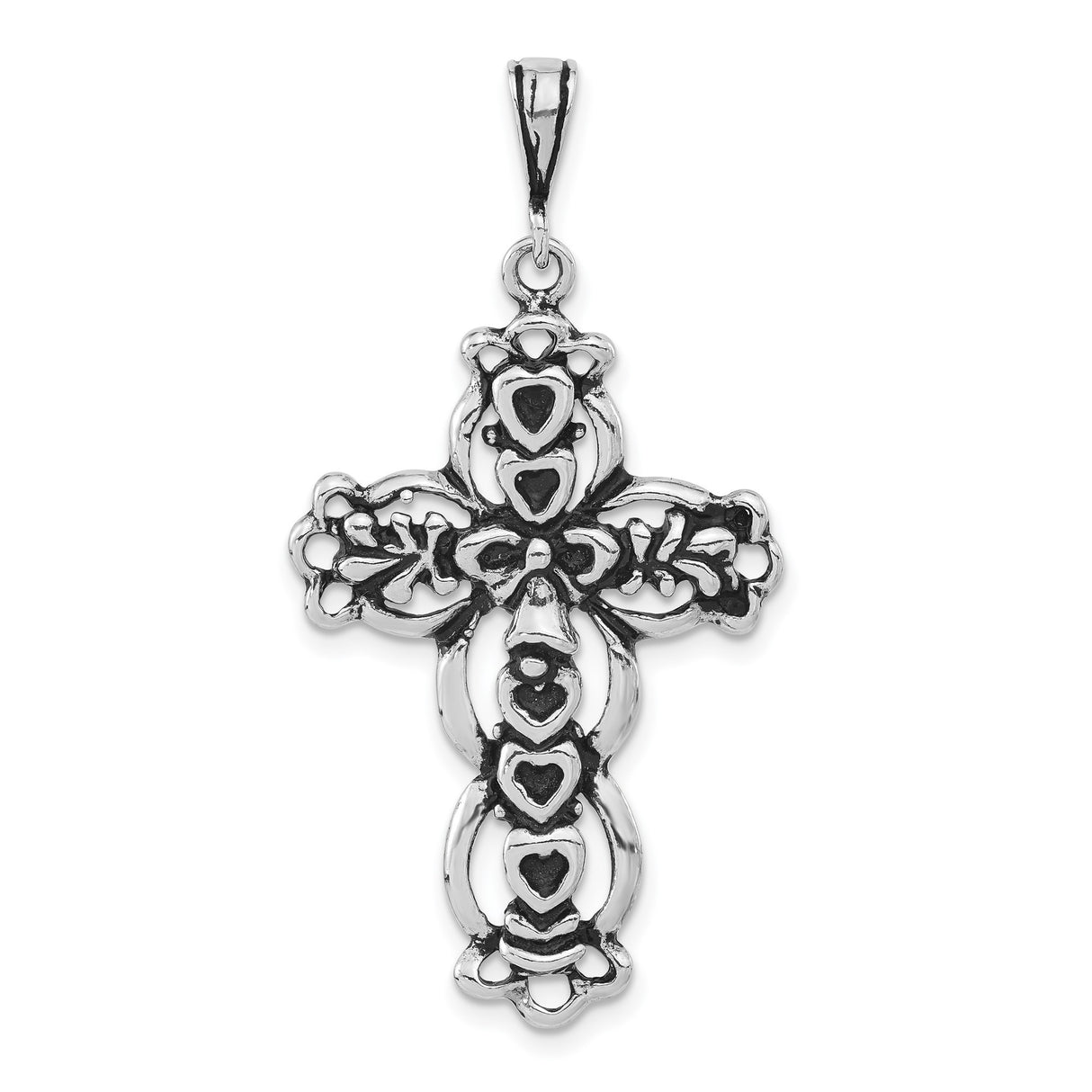 Sterling Silver Cross Pendant with Claddagh Hearts and Oxidized Celtic Design