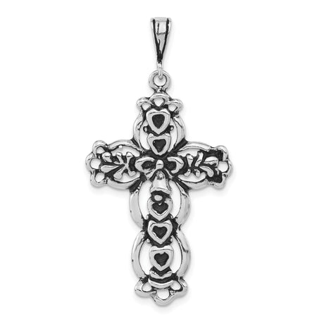 Sterling Silver Cross Pendant with Claddagh Hearts and Oxidized Celtic Design