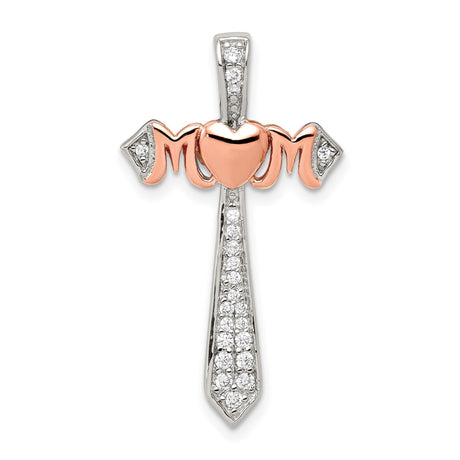 Sterling Silver Cross Pendant with Cubic Zirconia, Rose Gold Accents and Heart Detail
