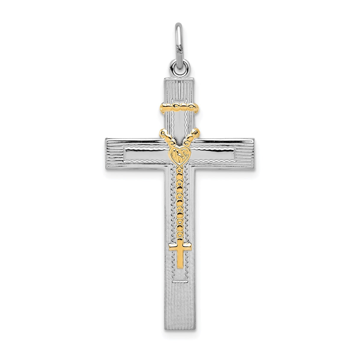 Sterling Silver Cross Pendant with Rosary Design and Toned Crucifix Detail
