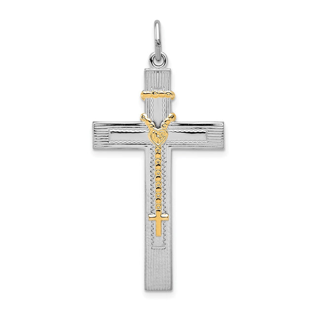 Sterling Silver Cross Pendant with Rosary Design and Toned Crucifix Detail