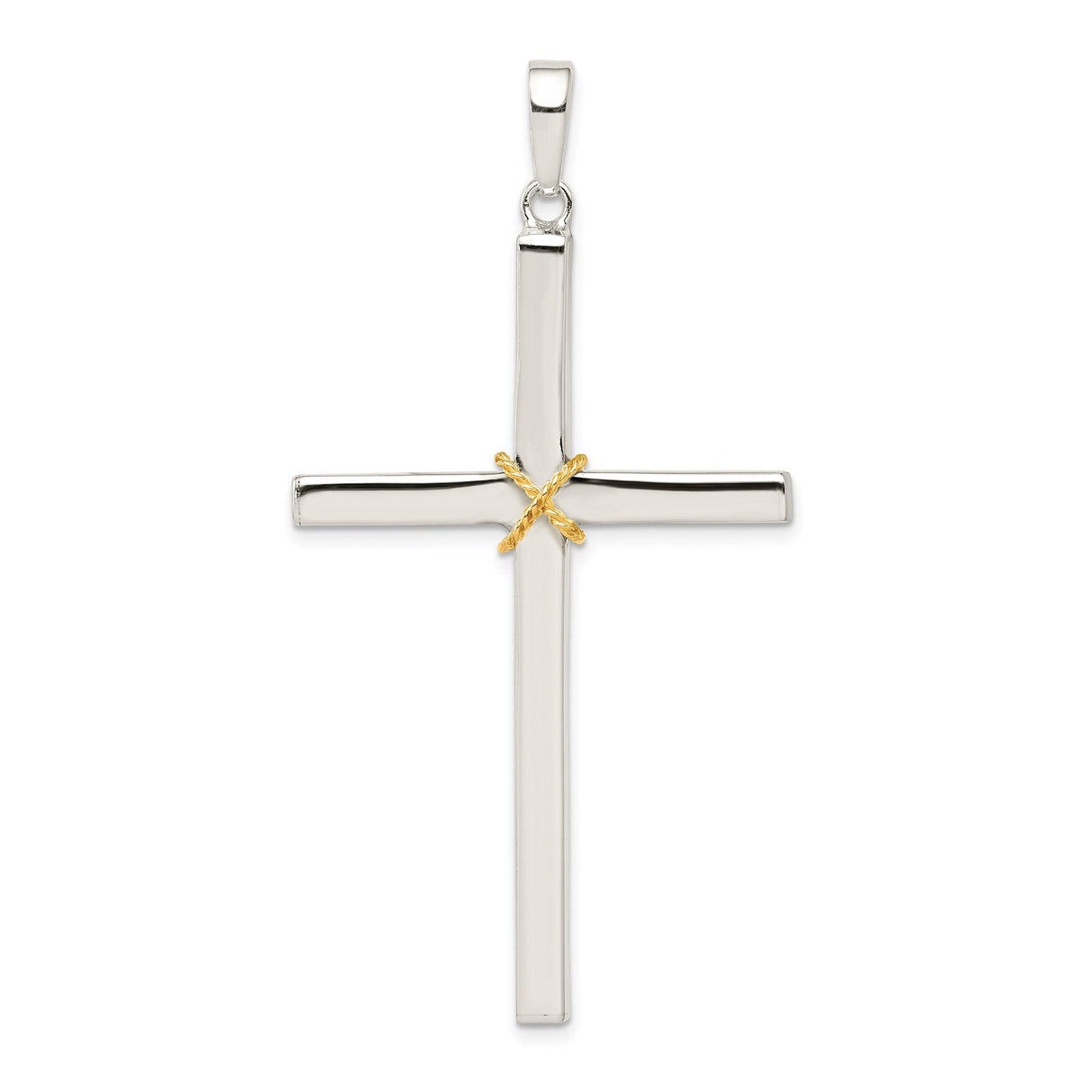 Sterling Silver Crucifix Cross Pendant with Dual Tone Rope Accent and Mirror Finish