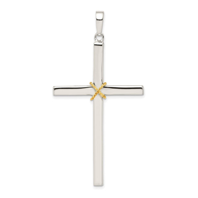 Sterling Silver Crucifix Cross Pendant with Dual Tone Rope Accent and Mirror Finish