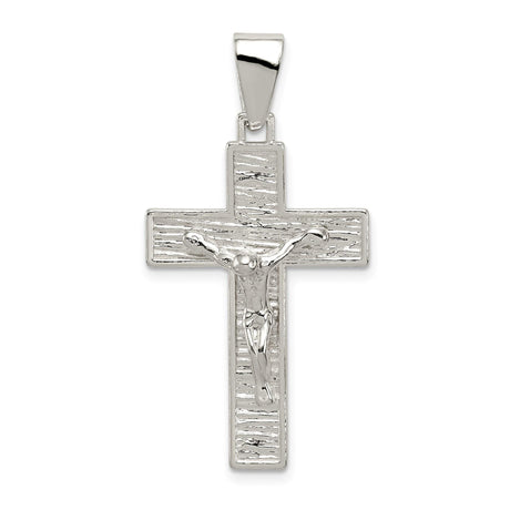 Sterling Silver Crucifix Pendant with Jesus Figure on Textured Woodgrain Cross