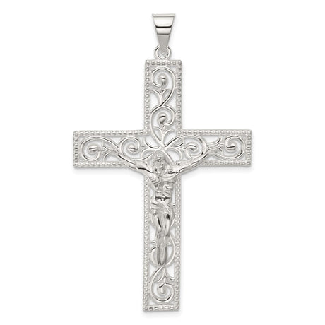 Sterling Silver Crucifix Pendant with INRI Charm and Beaded Edge Religious Jewelry