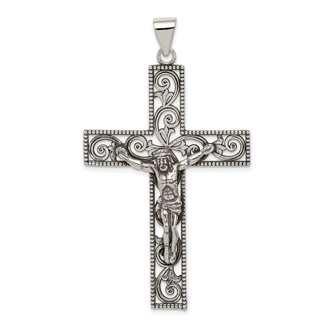 Sterling Silver Crucifix Cross Pendant with INRI Charm and Filigree Detailing