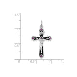 Sterling Silver Cross Pendant with Purple Cubic Zirconia, Black Enamel, Christian INRI Crucifix