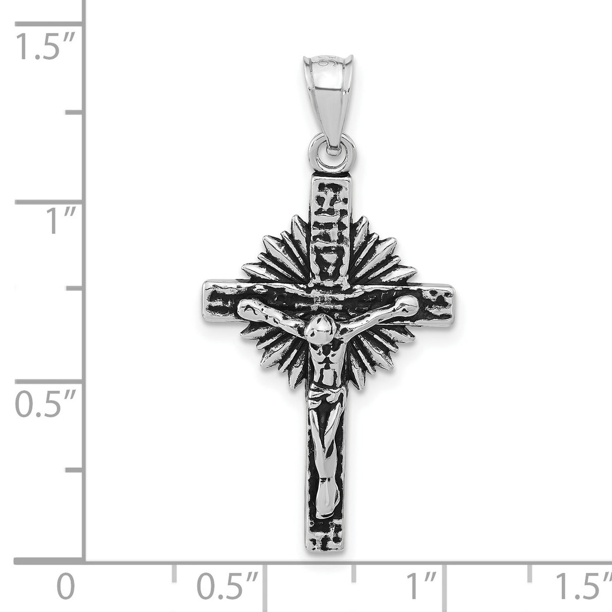 Sterling Silver Crucifix Pendant with INRI Christ Figure and Sunburst Design