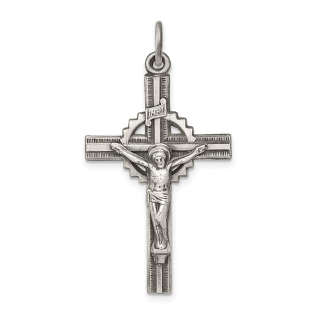 Sterling Silver Crucifix Pendant with INRI and Sculpted Christ, Oxidized Textured Finish