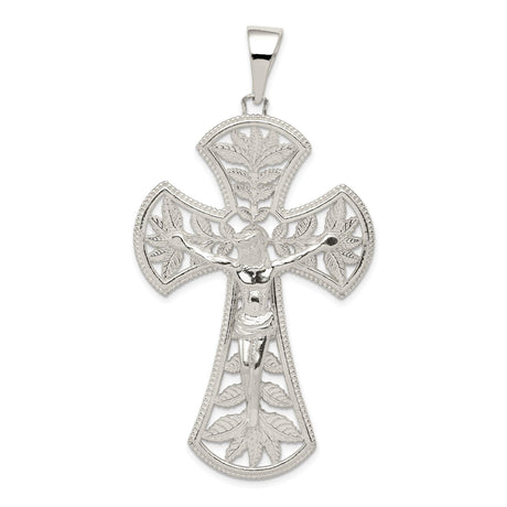 Sterling Silver Crucifix Pendant with Leaf Detail and INRI Charm, Religious Christian Jewelry