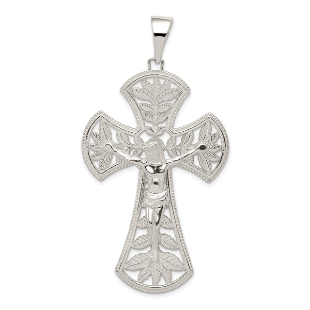 Sterling Silver Crucifix Pendant with Leaf Detail and INRI Charm, Religious Christian Jewelry