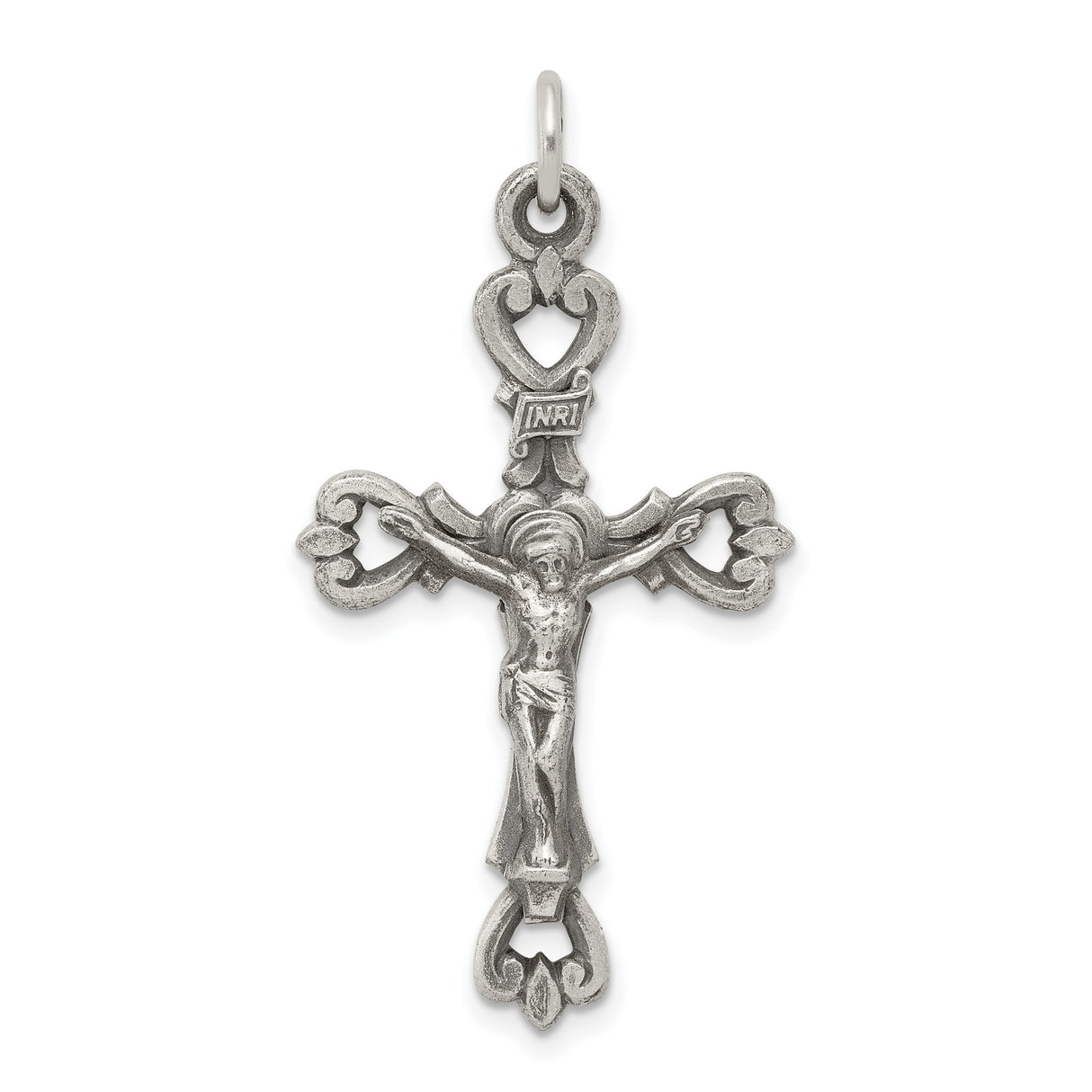 Antiqued and Brushed INRI Crucifix Charm Pendant in Real 925 Sterling Silver