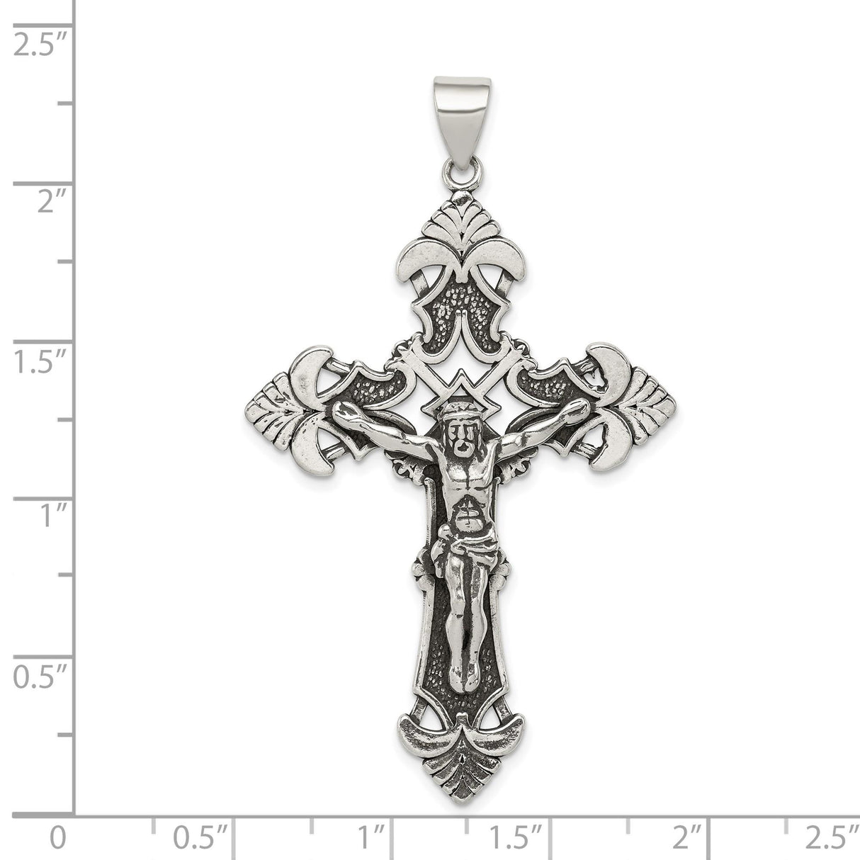 Sterling Silver Crucifix Cross Pendant with Detailed Jesus Figure and Fleur-de-Lis Design