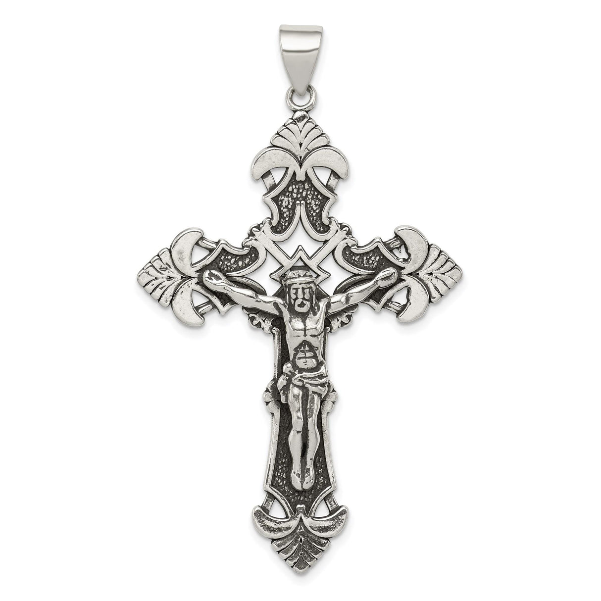 Sterling Silver Crucifix Cross Pendant with Detailed Jesus Figure and Fleur-de-Lis Design