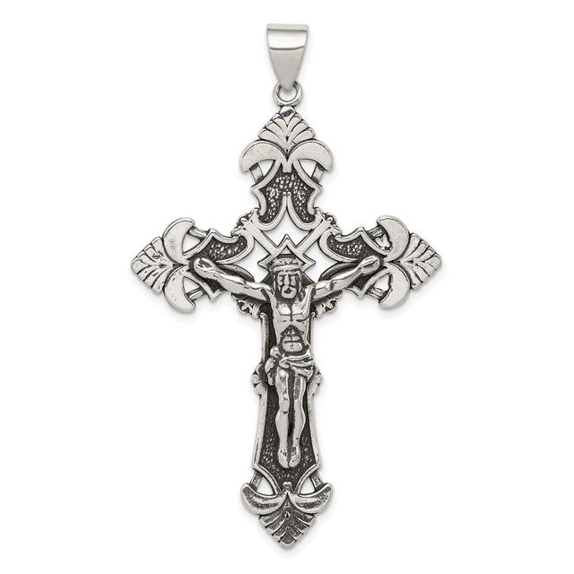 Sterling Silver Crucifix Cross Pendant with Detailed Jesus Figure and Fleur-de-Lis Design