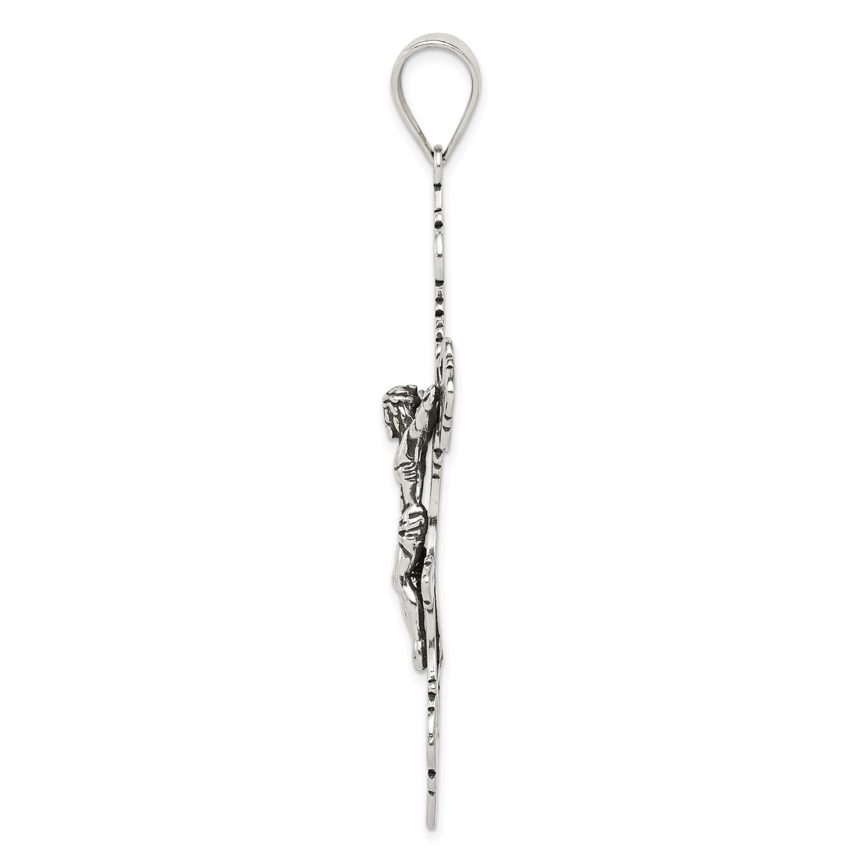 Sterling Silver Crucifix Pendant with Jesus Figure and INRI Scrollwork, Gothic Fleur-de-Lis Style